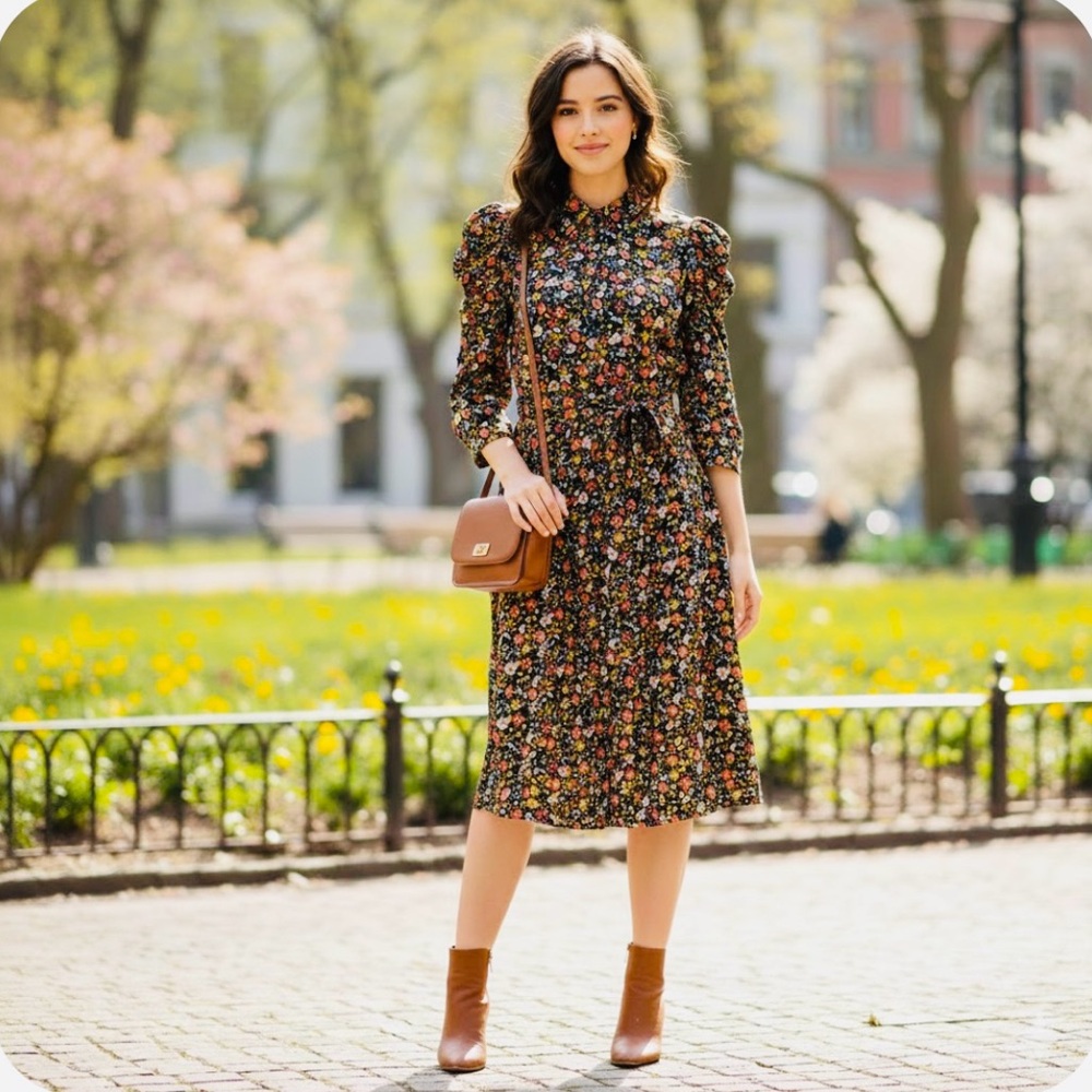 Floral Long Sleeve Dress with Belt - Picture 2 of 11